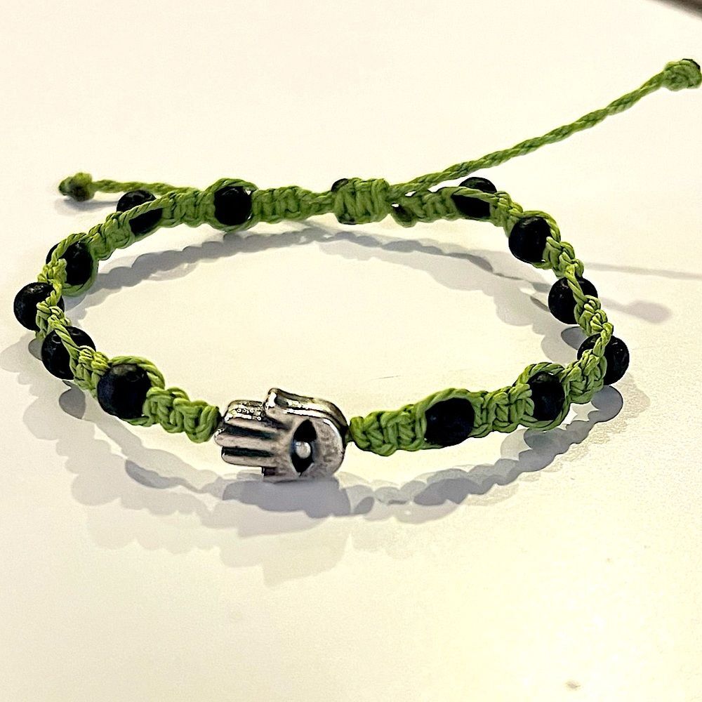 Silver Hamsa & Black Lava Bead Macrame Handmade Adjustable Bead Bracelet Unisex
